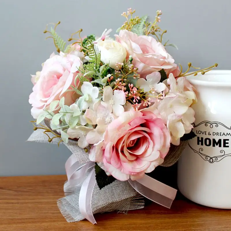 Красивый Романтический Красочный Искусственный цветок розы поддельные букеты с льняным шарф украшение для домашней свадебной вечеринки