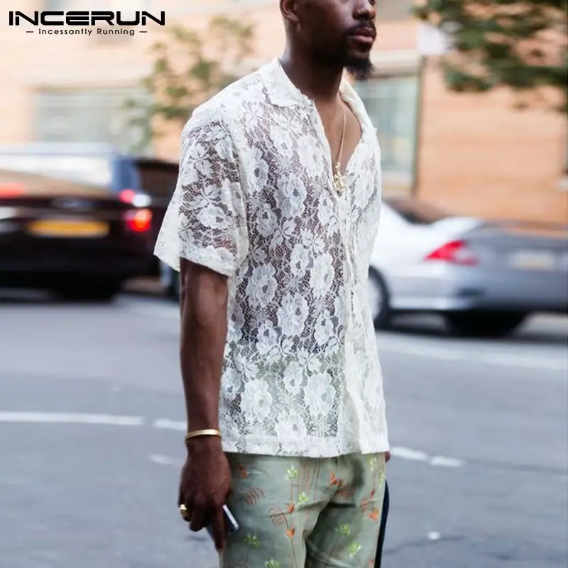 Men Shirt Lace Mesh Transparent Turn 