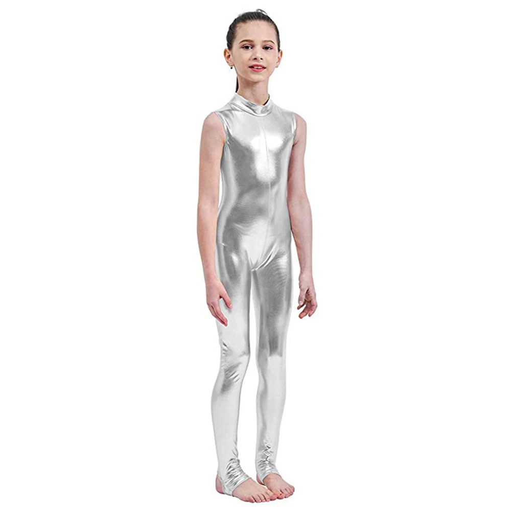 

AOYLISEY Kids Dance Shiny Metallic Unitard Gymnastics Jumpsuits Mock Neck for Girls Boys Child Bodysuits Zentai Cosplay Costume