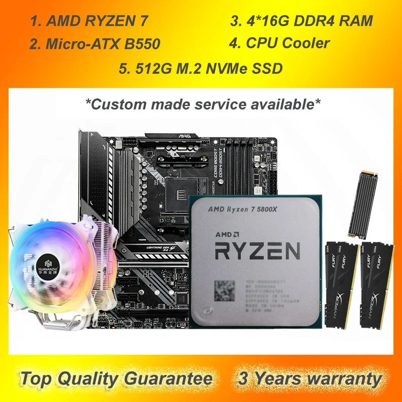 

B550 Micro-ATX Motherboard with CPU AMD RYZEN 7 5800X 3800X 3700X R9 3900X HUANANZHI A600 CPU Cooler 64G DDR4 RAM 512G M.2 SSD