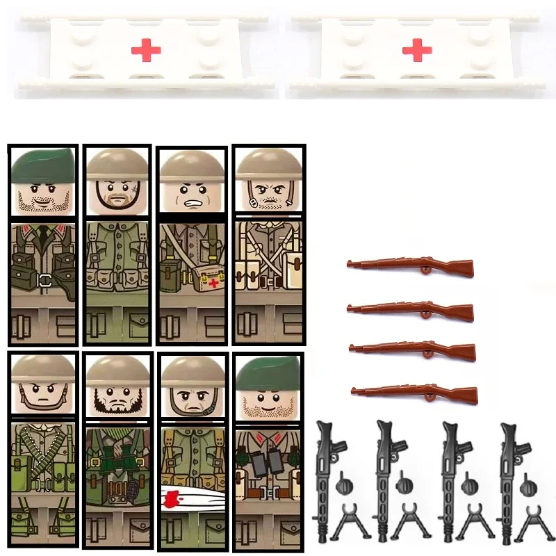 

Military Army Infantry Injured Soldiers Stretcher Figures Building Blocks WW2 Tank Soldiers Weapons Guns Parts Mini Bricks Toys