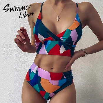 

Color block swimsuit women High waist bikini Bandeau swimwear female Colorful 2 piece suit Sexy bikinis 2020 mujer biquini new