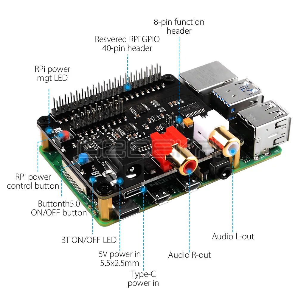 Geeekpi X930 Bluetooth 5.0 de Alta Fidelidade Dac Chapéu Suporta Reinicialização Segura Desligamento Seguro & Poweroff Completo do Software para Raspberry pi 4b 3b + Acessórios p/ quadro de demonstração - Imagem 3