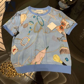 

AELESEEN 100% Silk Tees 2020 Runway Fashion Summer High Quality T-Shirts Chian Print White Blue Pink Casual Party T-Shirts