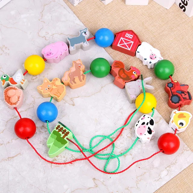 Fun wooden farm animal building blocks beaded toys baby beaded game early education Montessori children educational toys 2
