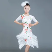 Платье для латинских танцев; белое платье для девочек с короткими рукавами и принтом; платья с бахромой; детская танцевальная одежда для выступлений; DN3884