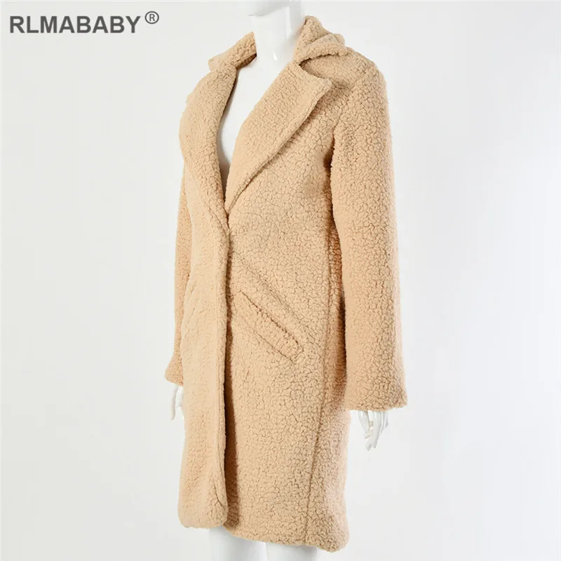 RLMABABY осень зима искусственный мех Тедди женское длинное Пальто однобортное повседневное пальто на пуговицах толстое теплое пушистое женское Верхнее пальто
