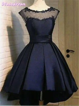 

Black Homecoming Dress Appliques Sleeves Satin Pleats Lace-up Short Front Long Back O-neck Evening Gown вечерние платья