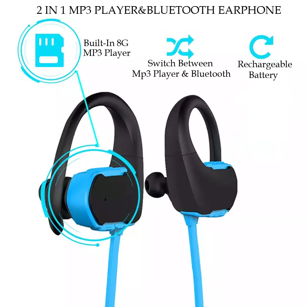 2 в 1 IPX6 водонепроницаемые носимые аудио гарнитуры Спортивные Беспроводные Bluetooth MP3 плеер наушники с картой памяти 8G