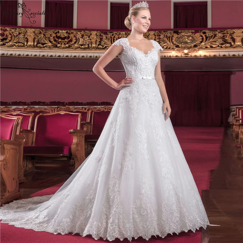 

Luxury Wedding Dresses for Women 2020 Lace Applique Pearls Sequins Cap Sleeve A-Line Bridal Gowns for Bride Robe De Mariee