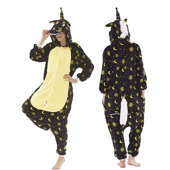 Pijama Kigurumi Unicornio Adulto Hombre Mujer Negro con Estrellas y Lunas de Franela 1