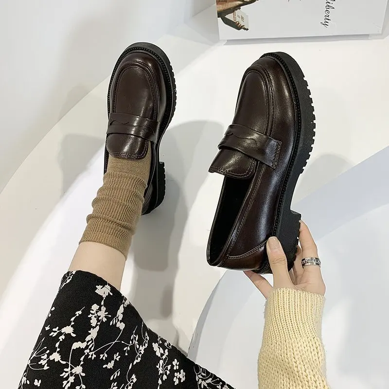Shoes Women Platform Leisure-Loafers Chunky Brown British-Style Retro Black Slip-On Thick