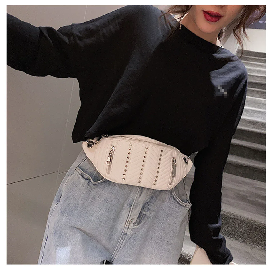 Waist Bag Women Leather Pink White Fanny Pack Female Belt Bag Rivet Chest Phone Pouch Fashion Shoulder Bag Black Waist Packs