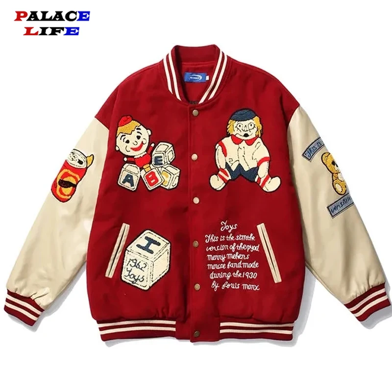 

Patchwork Jackets Men Wool Heavy Industry Cartoons Pattern Patch Baseball Jacket Women Oversize Harajuku Korean Style Outerwear
