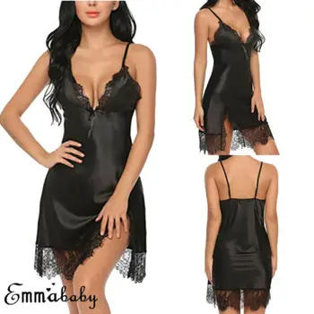 

Women's Sexy Lingerie Sleepwear Lace Split V Neck Babydoll Nightgown Robe Dress
