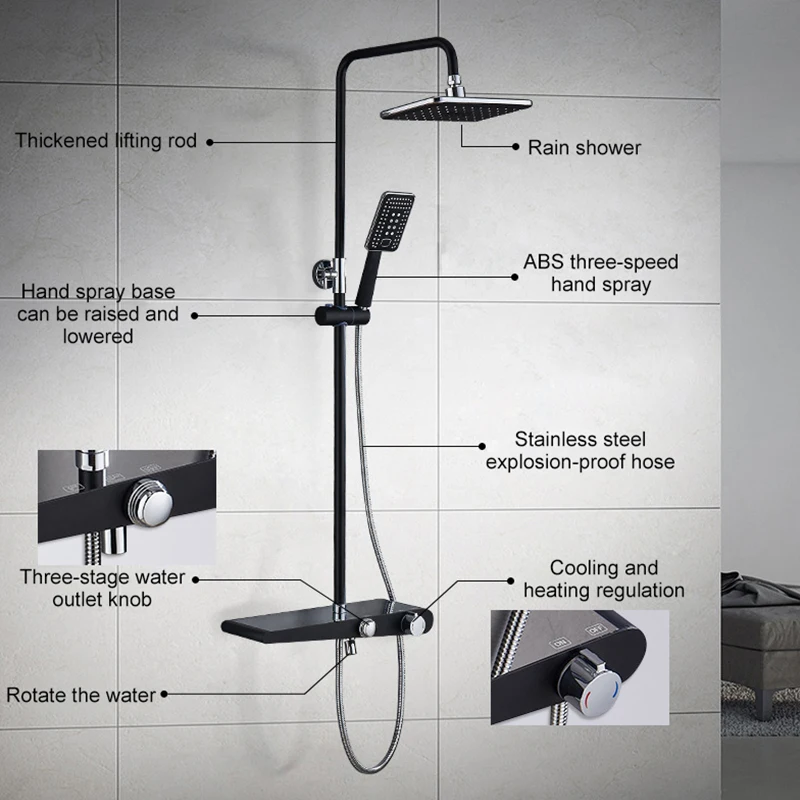 Black Rain Shower Faucet Set Wall Rainfall Shower Faucets Storage Bath Mixer Tap Hot Cold with Hand EL3902