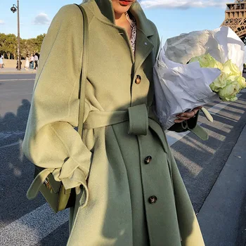 

Winter Thick Female Woolen Coats Turn-down Collar Single-breasted Pocket Belted Women Blend Coats 2020 Women Long Coat