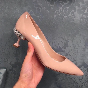 

kmeioo jewel kitten heels woman pointed toe med heels crystal pumps shallow thin heels women black nude red stiletto dress shoes