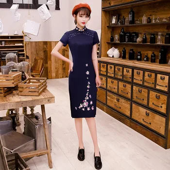 

Plus Size 4XL mid-length Qipao Satin Embroidery Flower Party Dress Chinese Style Spring Summer New Cheongsam
