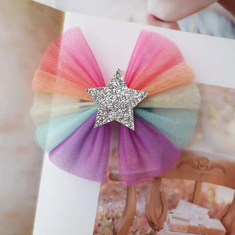 15pcs Fashion Cute Glitter Star Mesh Bow Hairpins Gradient Rainbow Bowknot Hair Clips Princess Headwear Girls Hair Accessories - Color: Silver