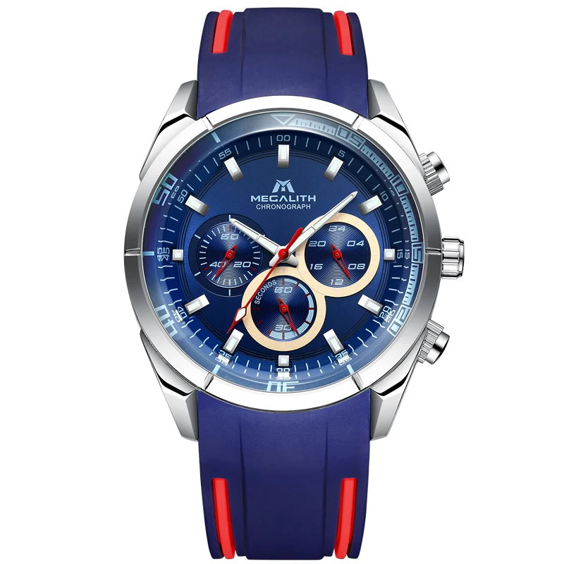 MEGALITH спортивные часы Мужские Аналоговые кварцевые часы с хронографом и водонепроницаемым силиконовым резиновым ремешком для мужчин - Цвет: silicone silverblue