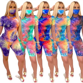 

Women Print 3 Pieces Sets Tracksuits Short Sleeve T-shirt Shorts Masks 3 pcs Suit Night Fitness Sporty Outfits