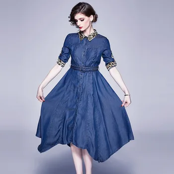 

2020 spring summer silk denim dress high-end leopard lapel stitching woman dresses Woman's dress with belt decoration QY37830