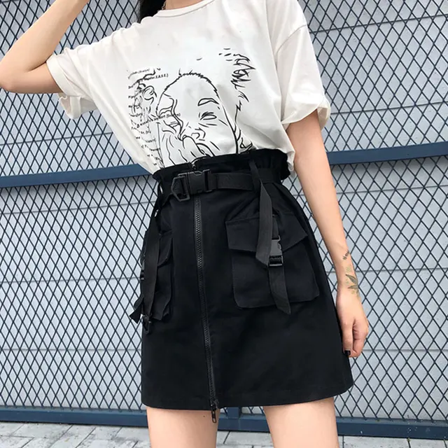 US $10.99 A Line Zipper Women Mini Cargo Skirts Pockets Sashes Bodycon Solid Ladies Short Skirt 2020 Summer S