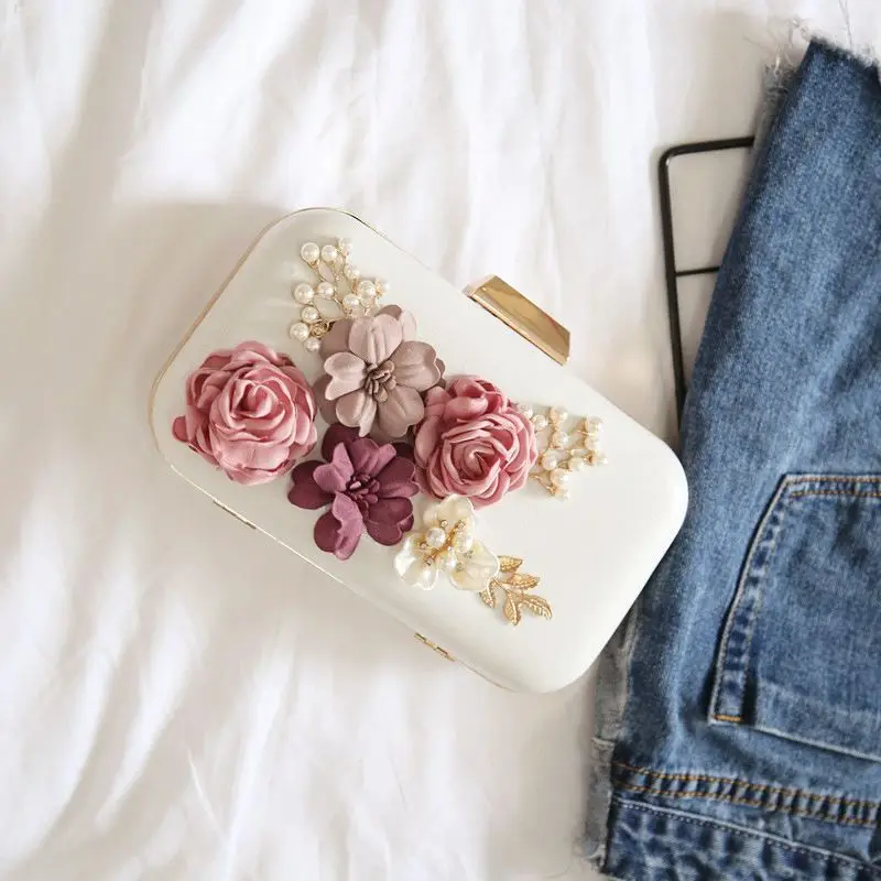 BEAU-Women Clutches Purses Bags Flower Leather Envelope Pearl Wallet Evening Handbag(white