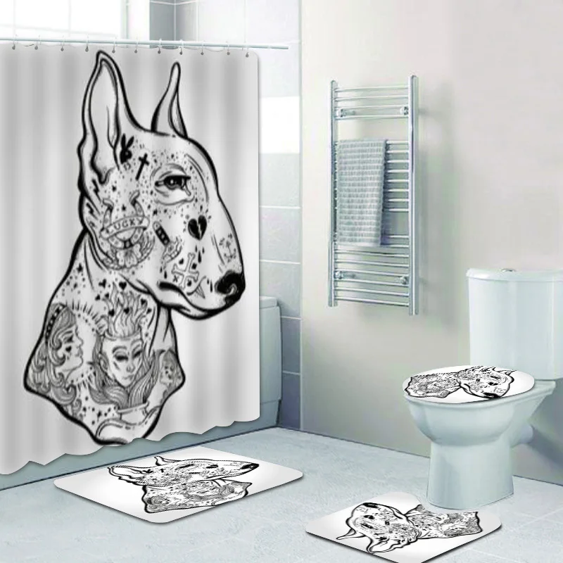 

Cool Tattoo Bullterrier Dog Portrait of Bull Terrier Bath Shower Curtains for Bathroom Toilet Animal Pet Home Decor Bathtub Rugs