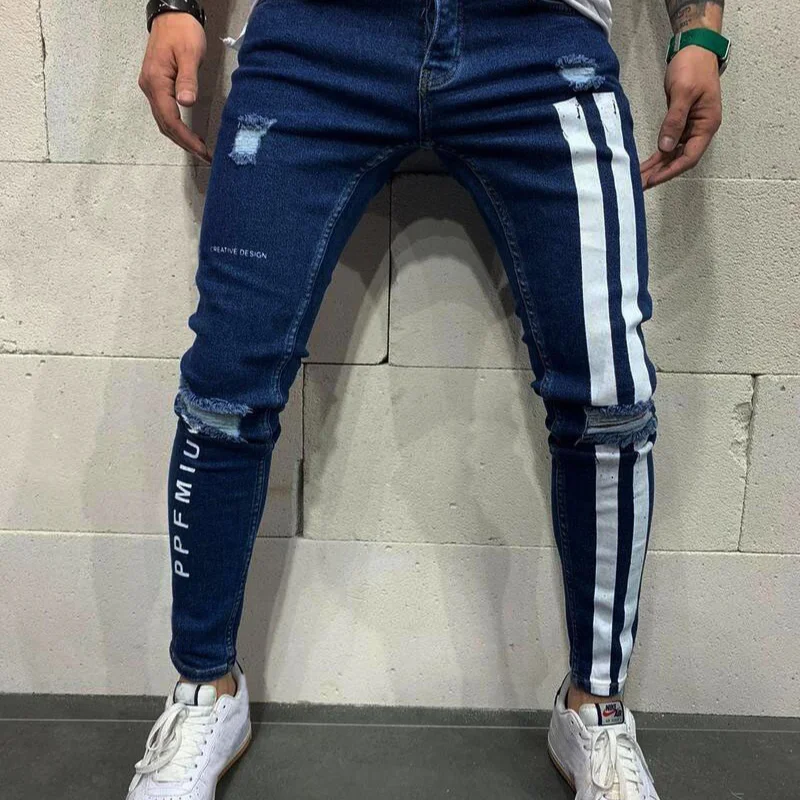 Fashion Streetwear Men Vintage Thin Destroyed Ripped Jeans Punk Pants