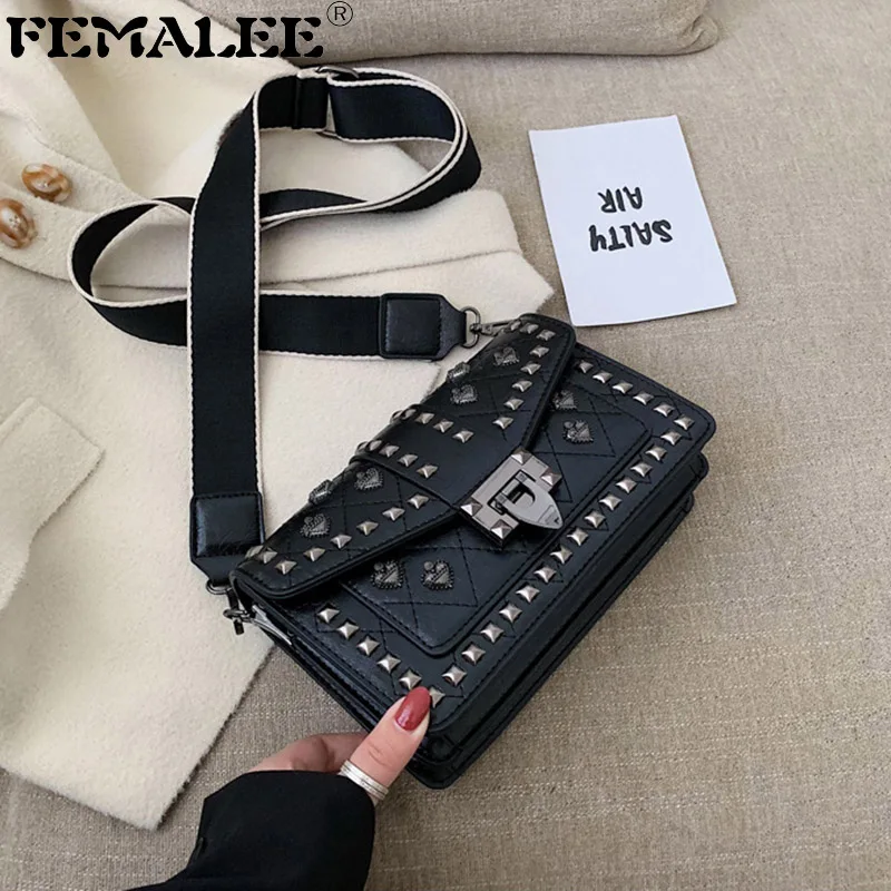 

Wide Shoulder Strap Stylish Women's PU Leather Flap Messenger Bag Ladies Rivets Lock Chain bag Retro Vintage Handbags For Women