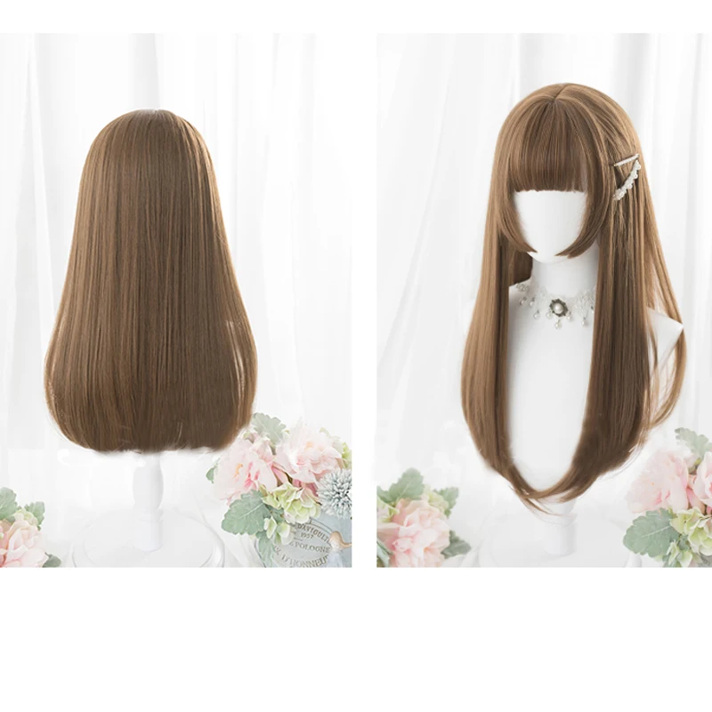 

Pop Selling Japanese Style Lolita Cosplay Wigs High-temperature Fiber Synthetic Hair Brown Pink Long Straight Hair+free wig net