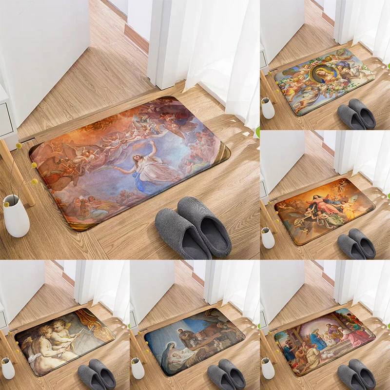 

Flannel Retro Absorbent Carpet Priest Fresco Printed Anti-skid Door Mat Washable Outdoor Entrance Floor Mat Kitchen Toilet Rug