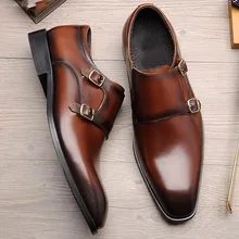 Men Genuine Leather Double Monk Strap Shoes Men Classic Men Dress Shoes Luxury Italian Brand Formal Shoes Men Oxford