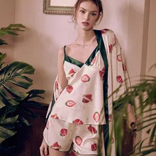 Женские пижамы, ночная рубашка, пижама, комплект из 3 предметов, шелковая сексуальная свободная Пижама, тонкая секция, домашняя одежда, винтажные ночные рубашки, женский костюм