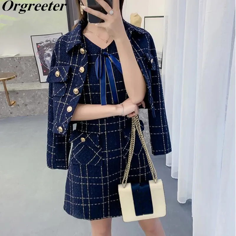 

2019 Autumn Winter Women's Shiny Gold Tweed Woolen Jacket Bow Sleeveless Dress Twinset Tweed Plaid Coat and Dresses 2 Piece Sets