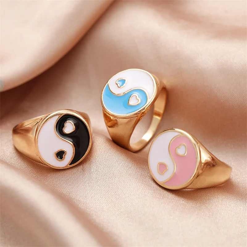 Enamel Colorful Tai Chi Gossip Rings Candy Color Metal Heart For Women Vintage Drip Oil Rings Finger Jewelry 2024 INS Fashion