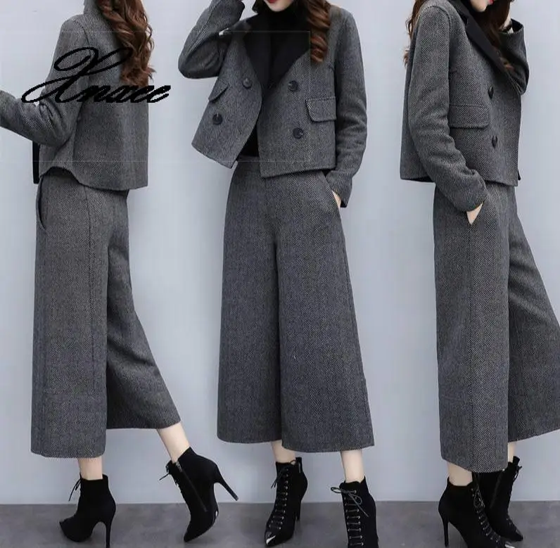 

Xnxee Autumn Winter Woolen Two Piece Sets Outfits Women Plus Size Short Coat And Wide Leg Pants Suits Elegant Office Korean Sets