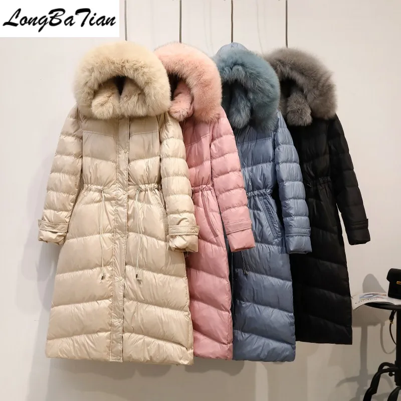 

New Real Long Winter Women 90% White Duck Jacket Fox Fur Collar Hooded Coats Warm Thicken Down Parka