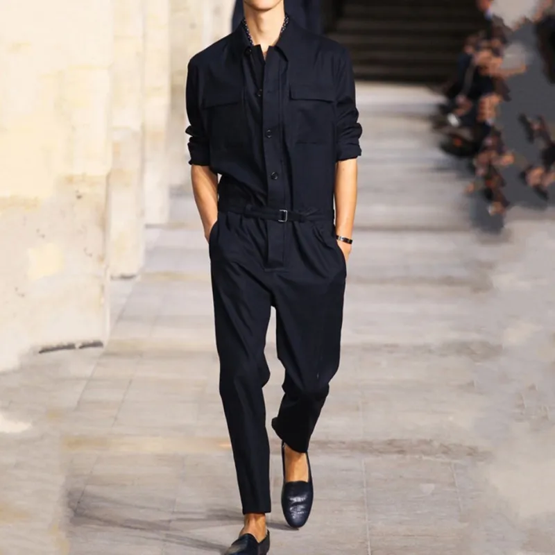 

Korean Fashion Men Long Jumpsuits Cargo Pants Casual Streetwear Overalls Pencil Pants Slim Fit Long Sleeve One Piece Jumpsuit