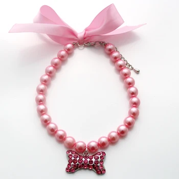

Dog Cat Pearls Necklace Collar Bling Rhinestones Bone Charm Pendant Pet Puppy Wedding Jewelry For Female Puppy Chihuahua Yorkie