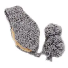 Детская вязаная крючком зимняя шапка для девочек и мальчиков, утолщенная плюшевая подкладка, наушник, одноцветная, милая, с помпоном, с ушками, с ремешком на подбородке