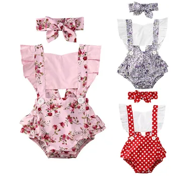 

New 2PCS Newborn Infant Baby Girl Jumpsuit Ruffles Sleeve Polka Dot Floral Print Bodysuits Headband Clothes Outfit Summer 0-24M
