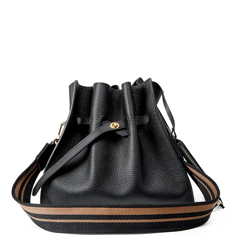 Brand Design Real Cow Leather Ladies HandBags and Purse Women Genuine Leather Composites Bags High Quality Wide Strap Bucket Bag - Цвет: BLACK