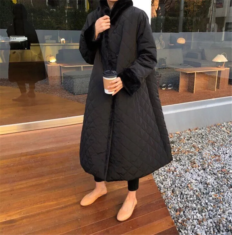 RUGOD New Winter Women Thick Cutton Coat Velvet Turn-down Collar Diamond Block Lattice Warm Long Jacket French Elegant Coat