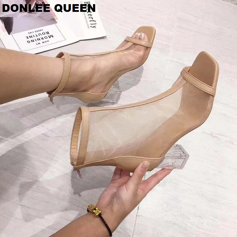 Women Ankle Boots Mesh Crystal Clear High Heel Shoes Women Autumn Peep Toe Sexy Pumps Party Shoes Female Bootie zapatos De Mujer