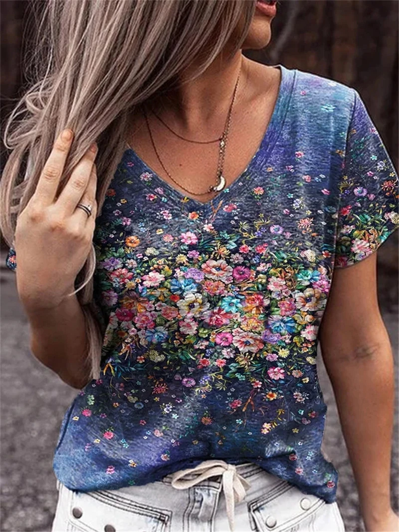 Summer Casual Tee Short Sleeve Women T-Shirts Flower Print Street Tops Female V-Neck Loose T-Shirt 5XL Plus Size Top Pullover chrome hearts t shirt