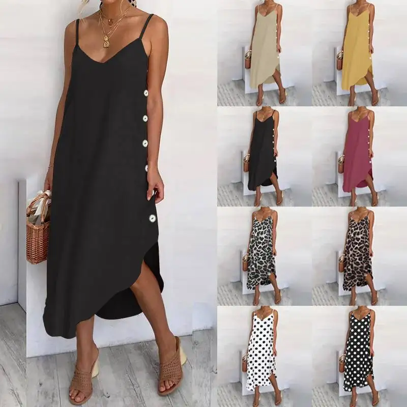 2020 Celmia Plus Size Women Summer Beach Sundress Sexy Spaghetti Straps Polka Dot Dress Casual Button Asymmetric Midi Vestidos 7