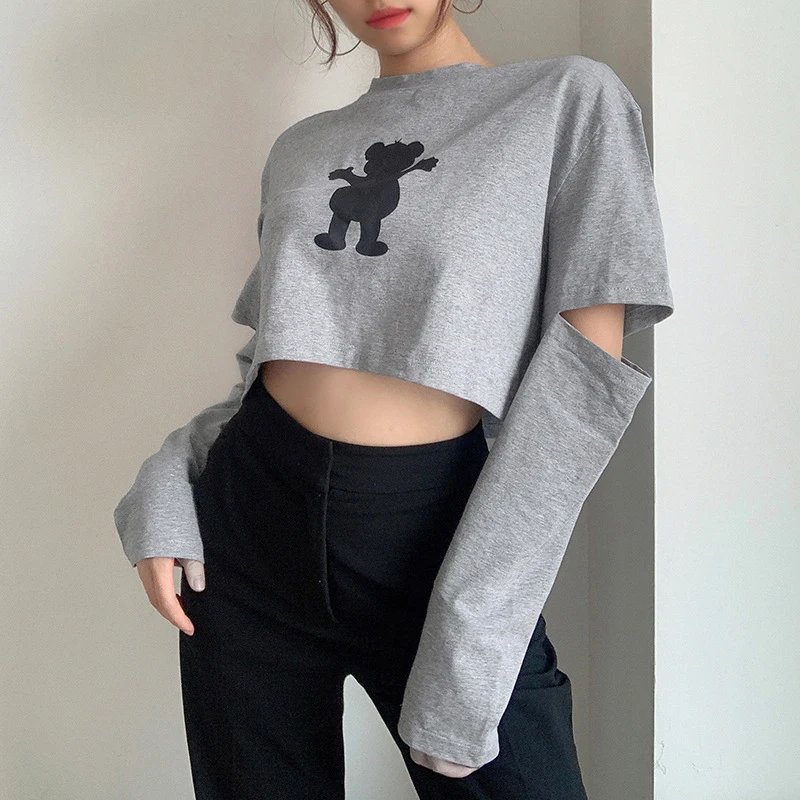 

Autumn New Arrivals Women Cute Cartoon Print Round Neck Broken-Sleeve Tops New Korean Style Chic Fashion Short Style T-Shirts